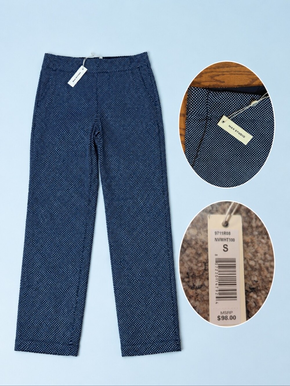 Max Studio Navy Micro-Pattern Birds Eye White Dots Pull On Knit Pants NWT Sz S
